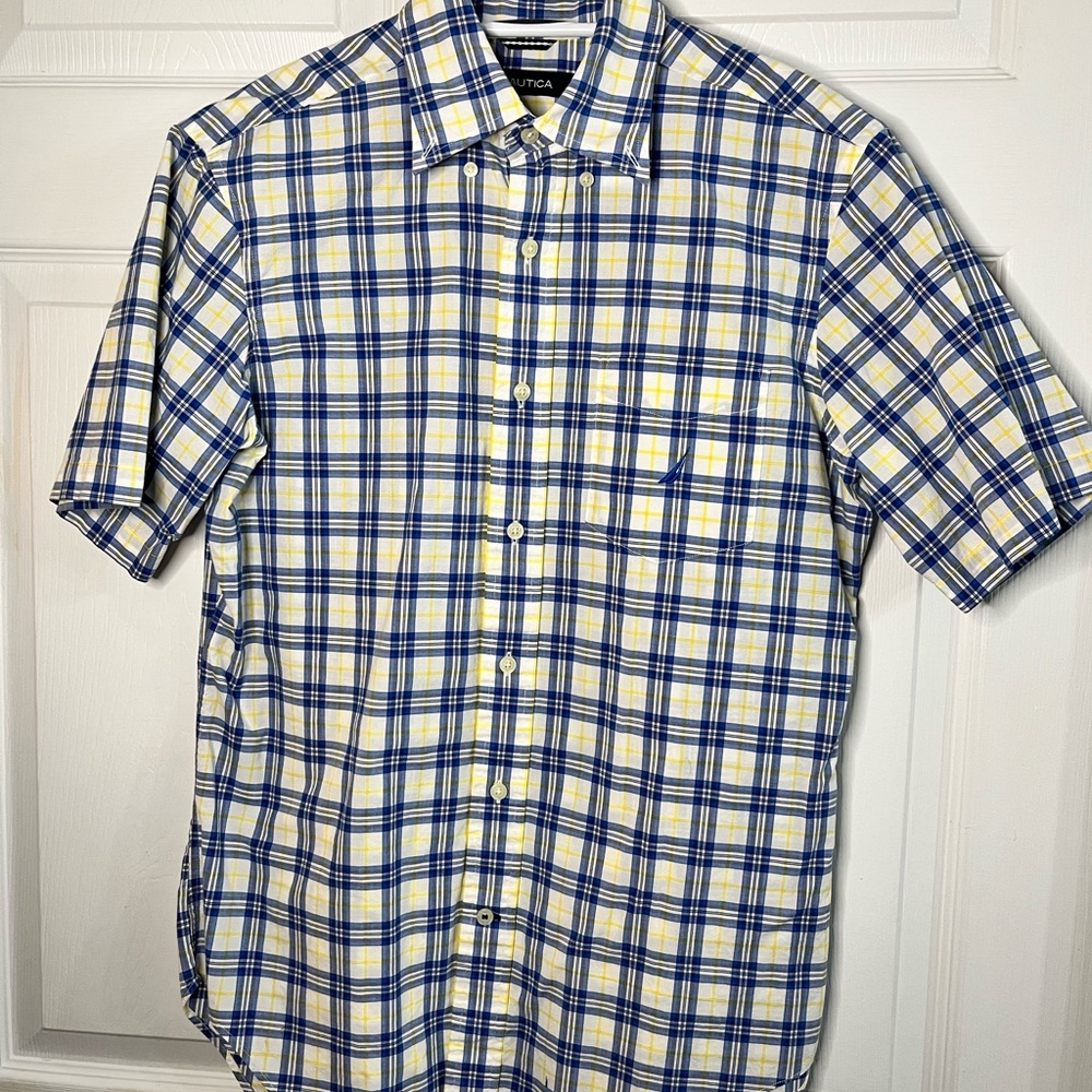 Nautica Mens Small Plaid Shirt White Blue Yellow Short Sleeve Button Down